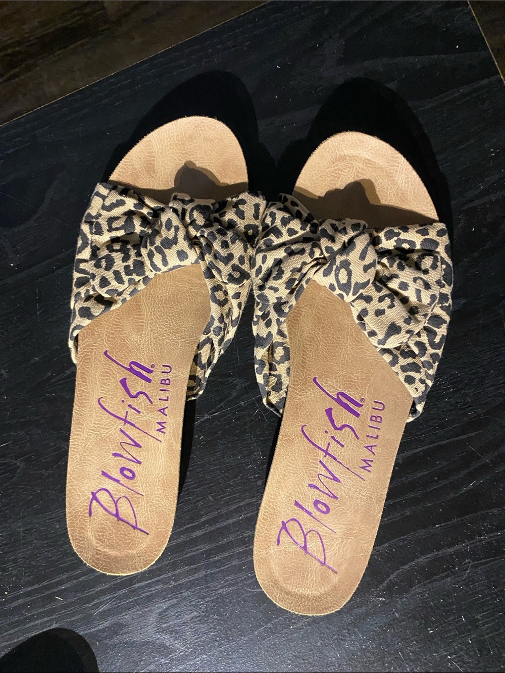 Blowfish Leopard Knot Slide Sandals in Beige and Black